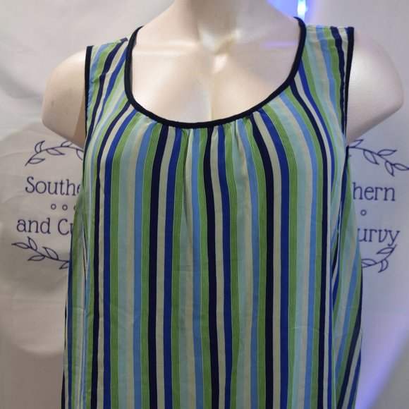 ChaCha Vente striped sheer tank overlay with navy lining. 3x - Picture 1 of 11